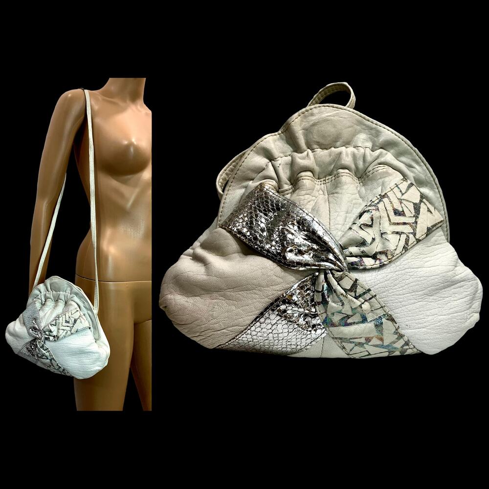 80s White Leather Pouch Shoulder Bag w Silver Snake & Pattern Criss Cross